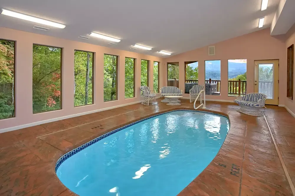 Splash Mansion indoor pool with mountain view
