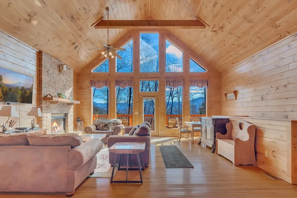 A Family Affair large cabin living room with mountain view and fireplace