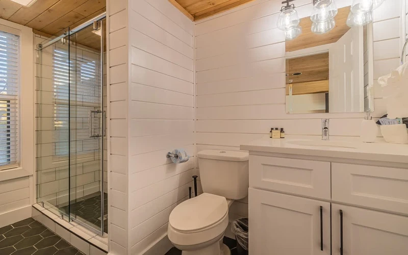 A luxurious bathroom with walk-in shower.