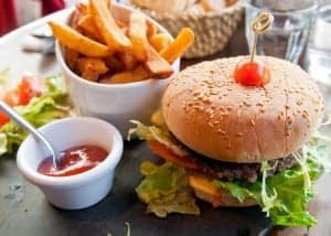 Burger, fries and ketchup
