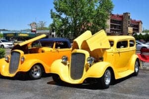 yellow cars at spring rod run in pigeon forge