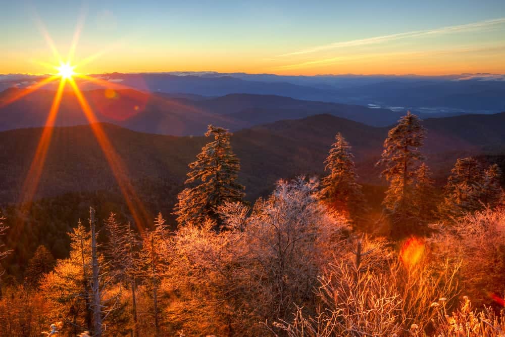 smoky mountains in the fall at sunset