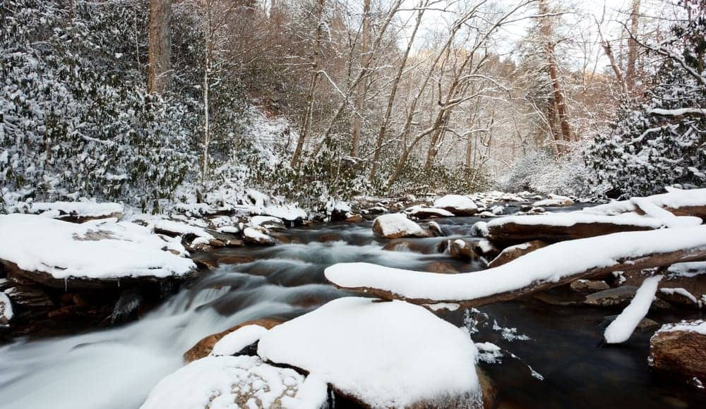 Stunning photo of a stream during the winter in the Smoky Mountains.