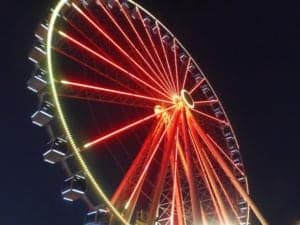 The Great Smoky Mountain Wheel at The Island in Pigeon Forge at night.