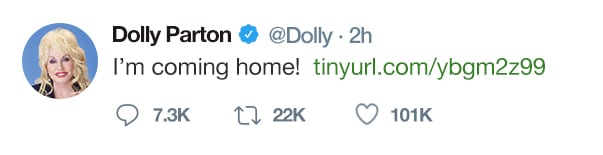 A tweet from Dolly Parton about her return home.