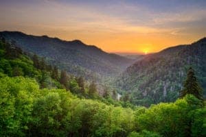 sunset in the smoky mountains in summer