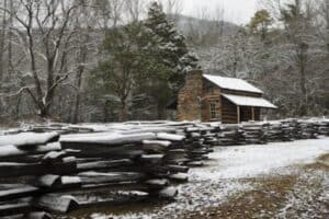 john oliver cabin with a dusting of snow in cades cove